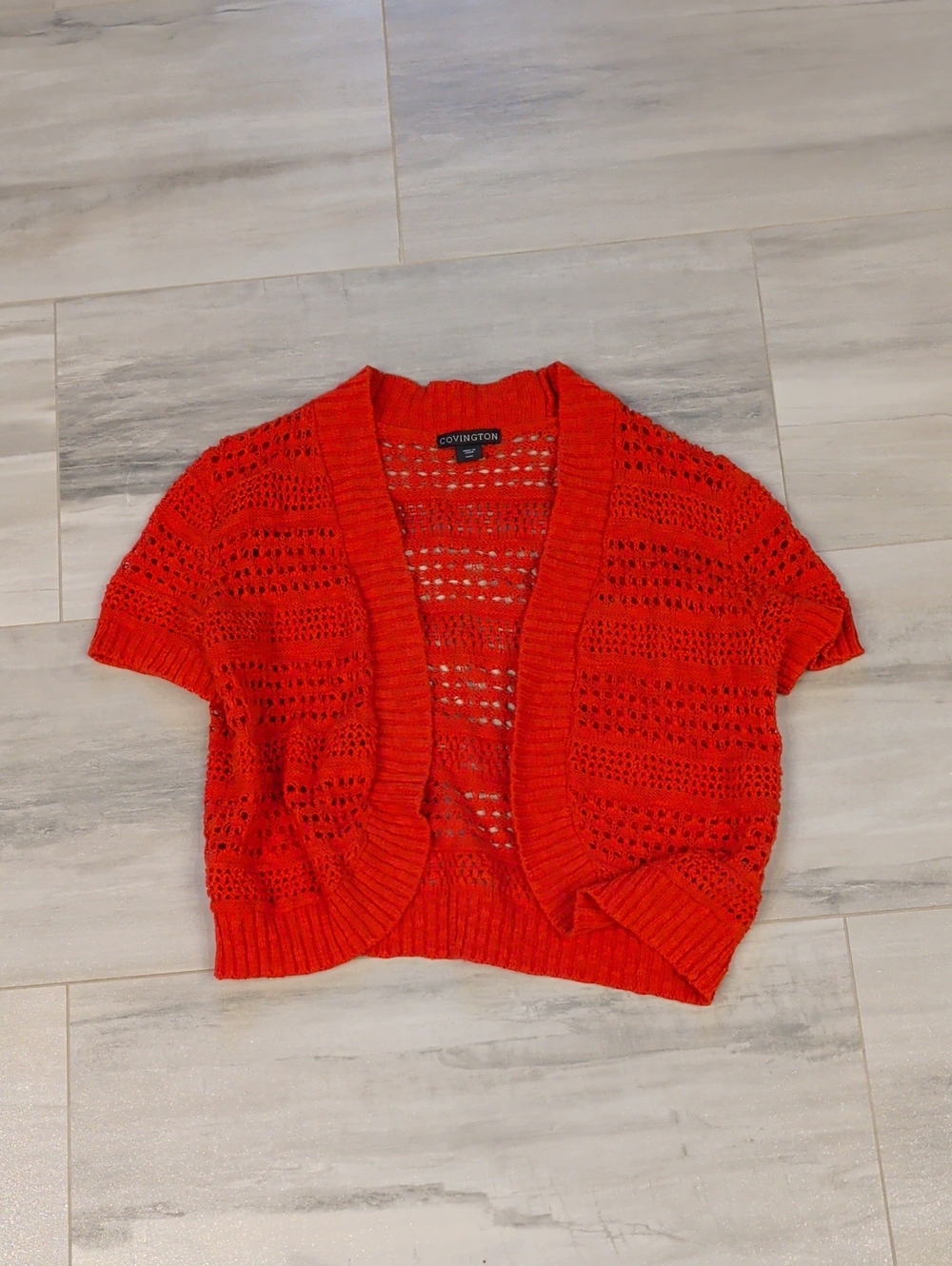 Covington Open-Weave Short Sleeve Shrug in Red-Orange